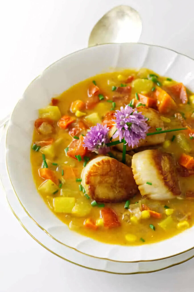 Vegetable and scallop chowder in a soup bowl.