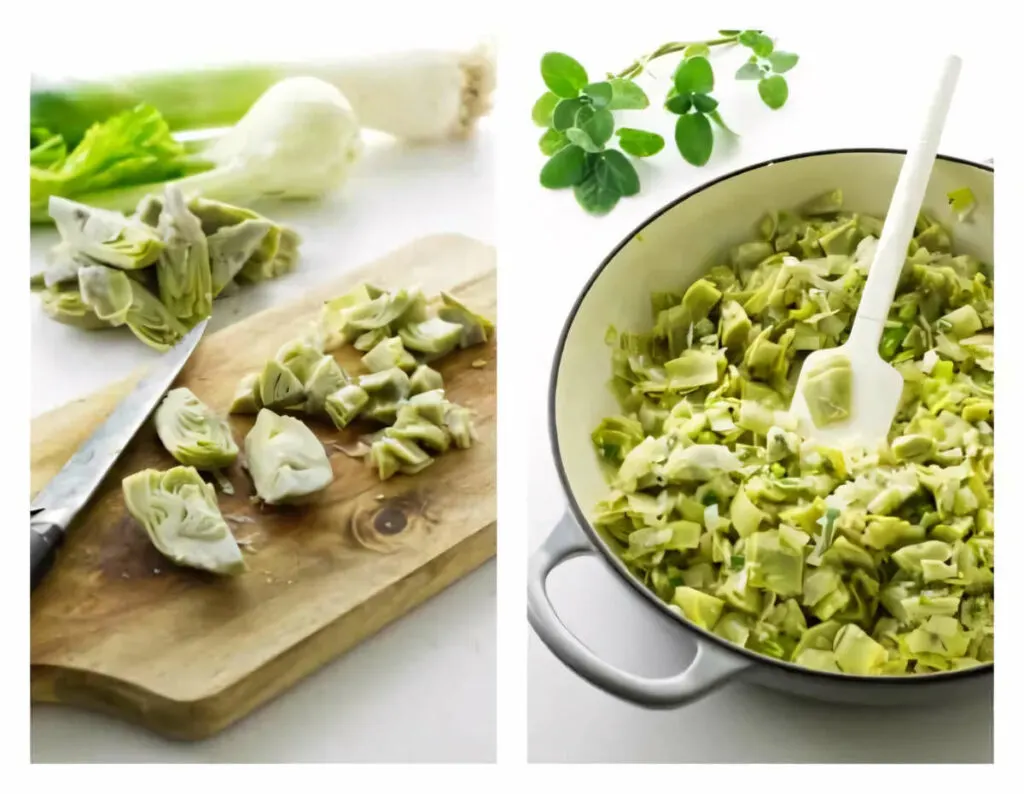 Slicing artichoke heart on a cutting board and transferring them to a skillet. 