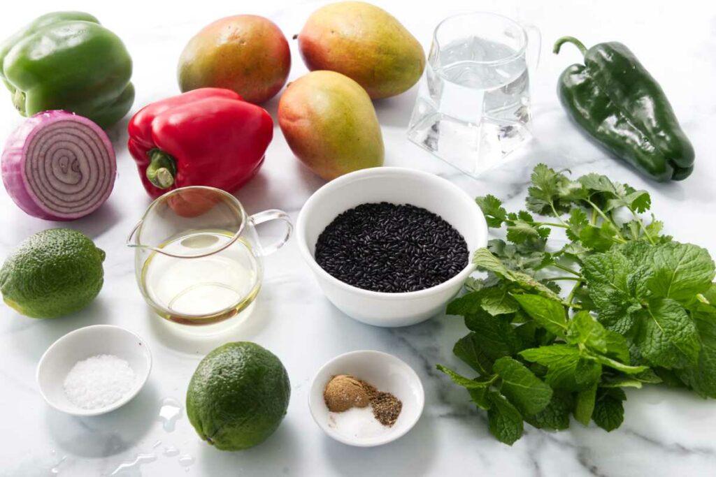 Ingredients used to make a mango black rice salad.