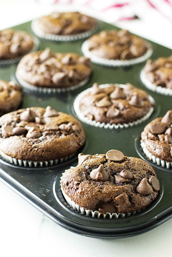 Chocolate einkorn muffins cooling in a muffin tin.