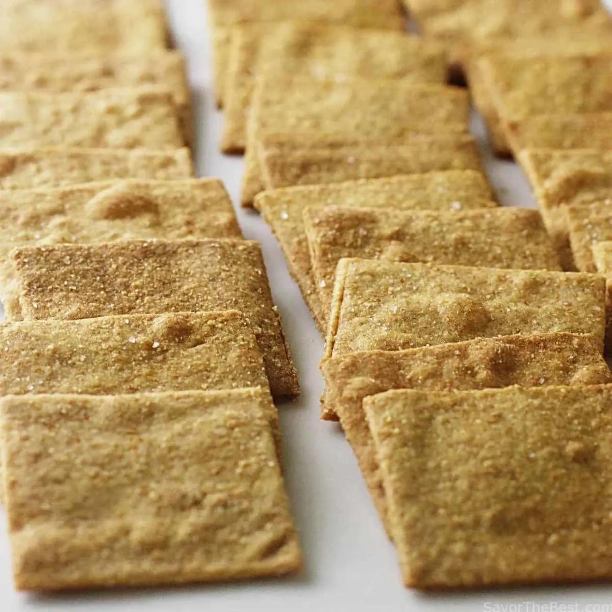 Einkorn flour crackers on a white counter.