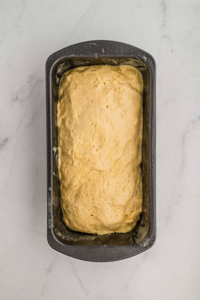 Adding einkorn bread dough to a loaf pan to do the second proof.