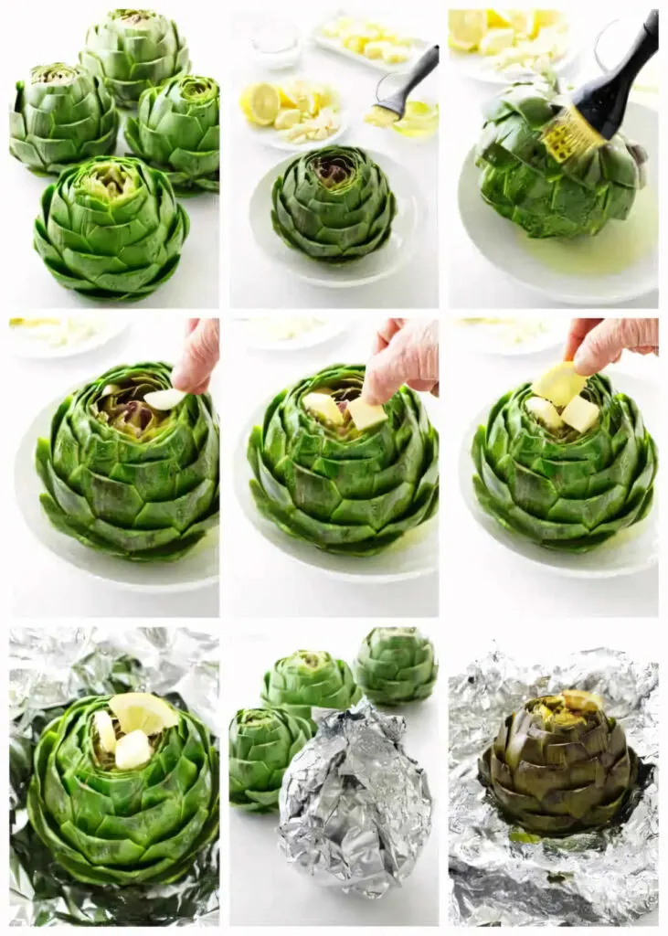 A collage of nine photos showing how to roast artichokes with garlic.