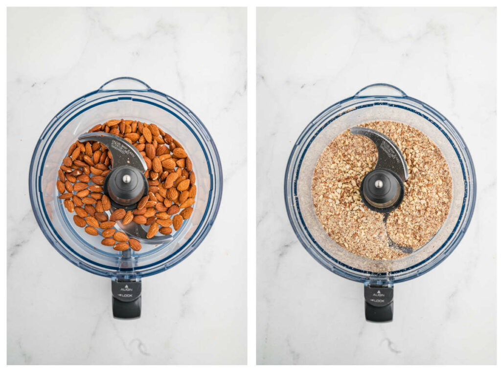 Chopping toasted almonds in a food processor.