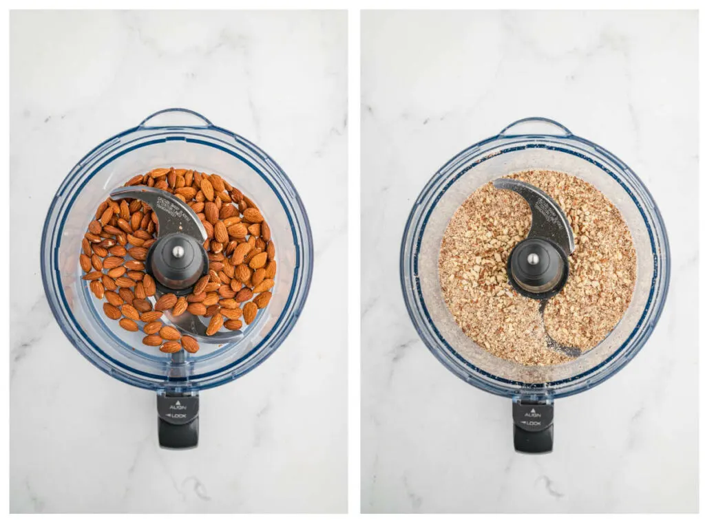 Chopping toasted almonds in a food processor.