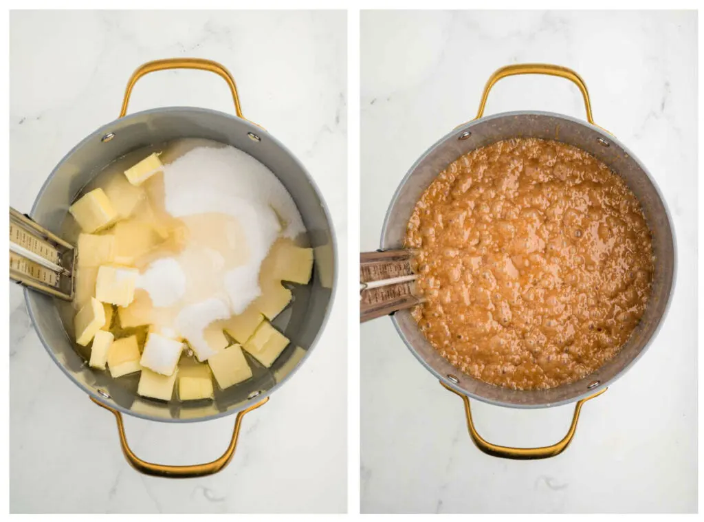 Melting butter and sugar then cooking it to hard crack stage.