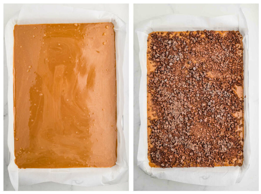 Pouring hot toffee mixture into a sheet pan then sprinkling chopped chocolate over the top.