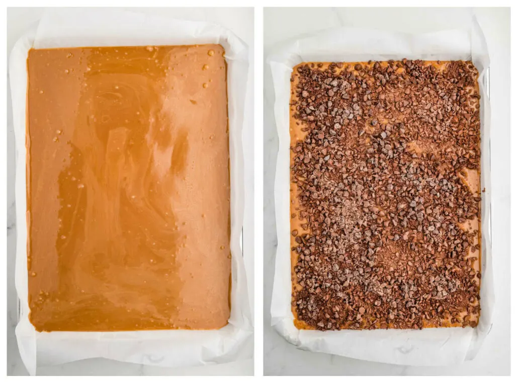 Pouring hot toffee mixture into a sheet pan then sprinkling chopped chocolate over the top.