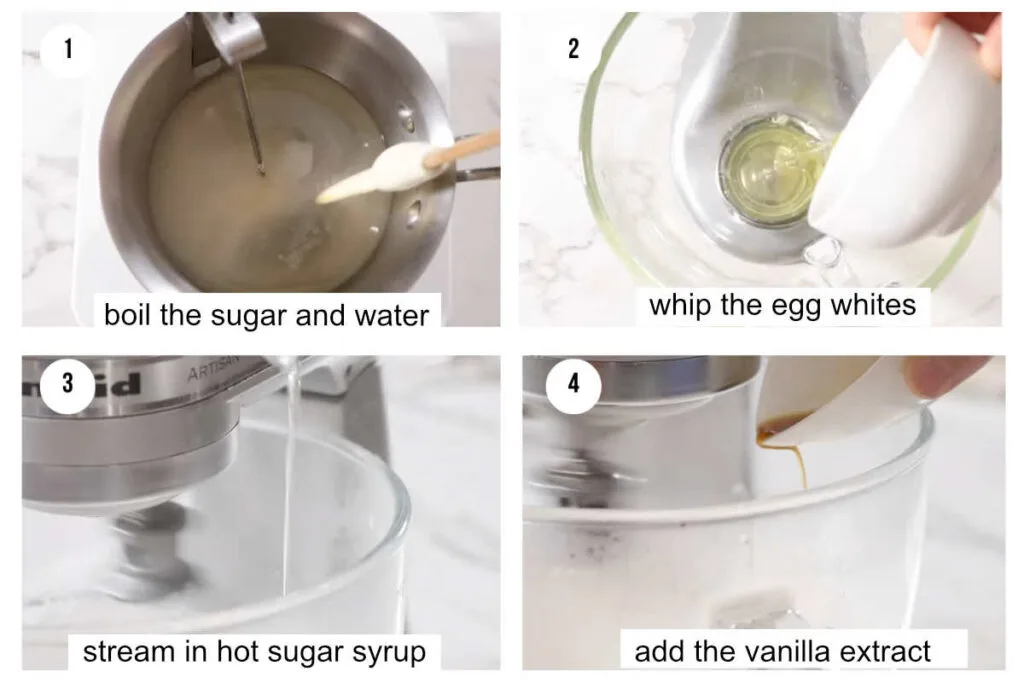 four photos showing how to make homemade marshmallow fluff.