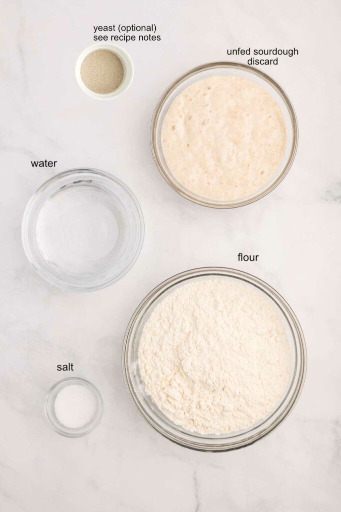 Ingredients used to make sourdough discard pizza dough.