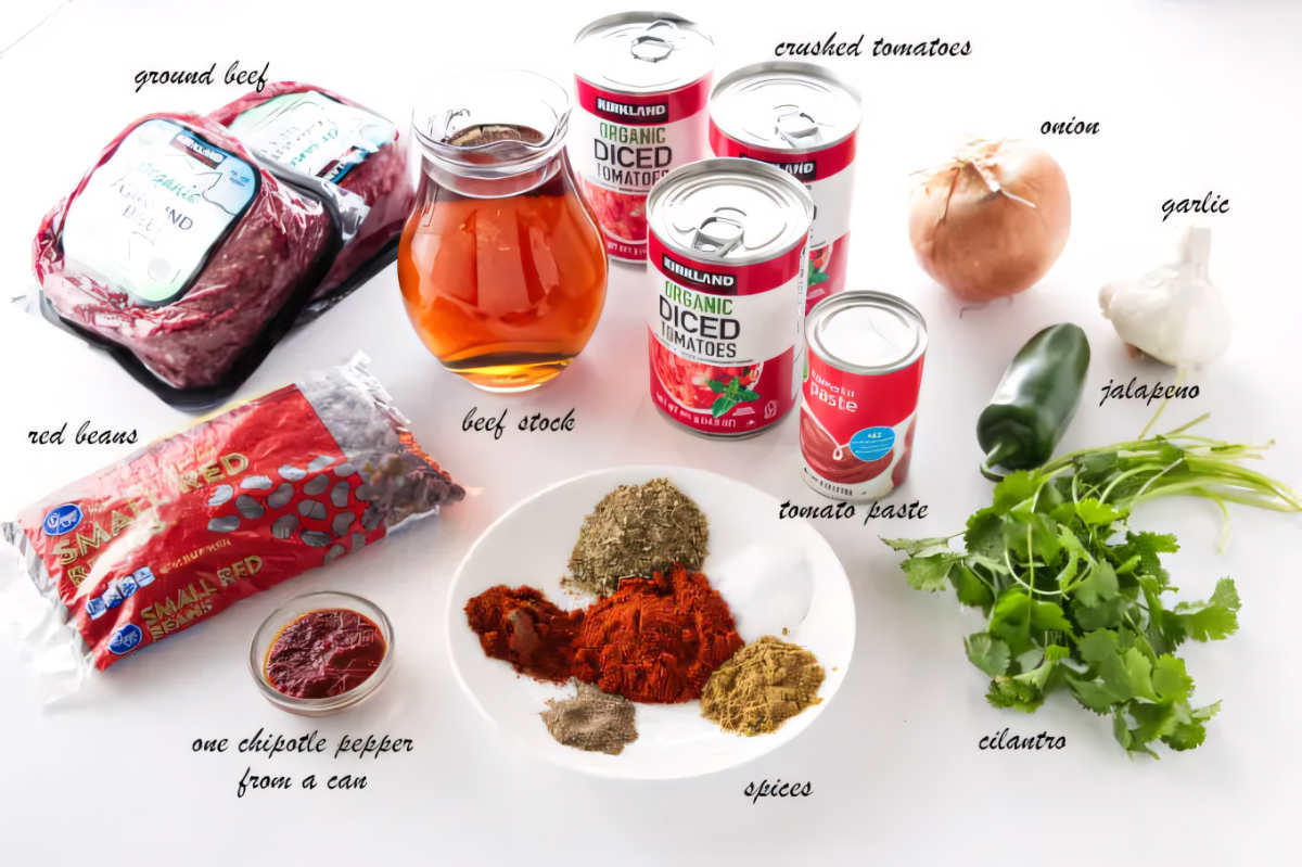 Ingredients used to make chili with dried beans.