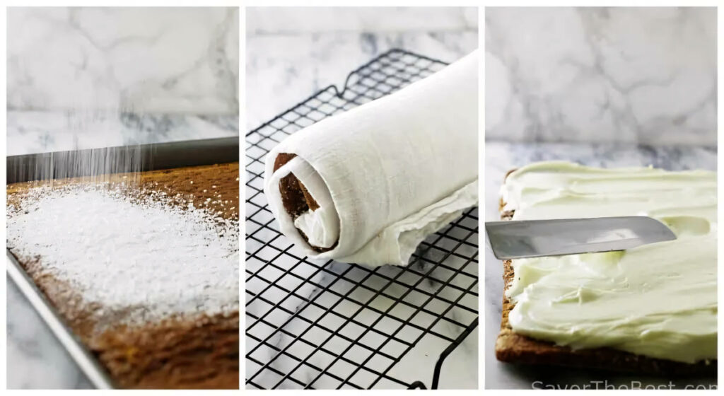 Three photos showing how to make a pumpkin einkorn cake roll.