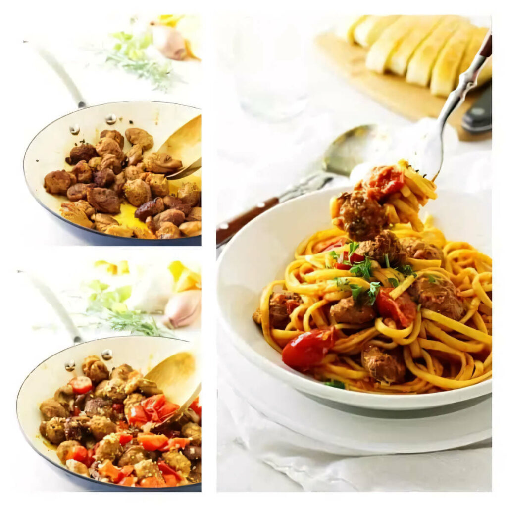 A collage of three photos showing how to make a one pot pasta with chorizo sausage.