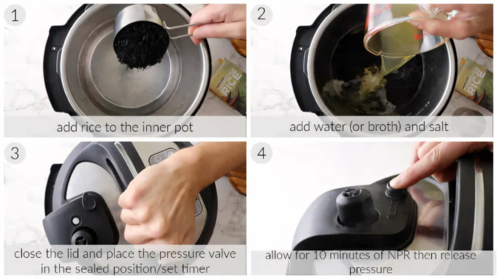 Four photos showing how to make black rice in the instant pot.