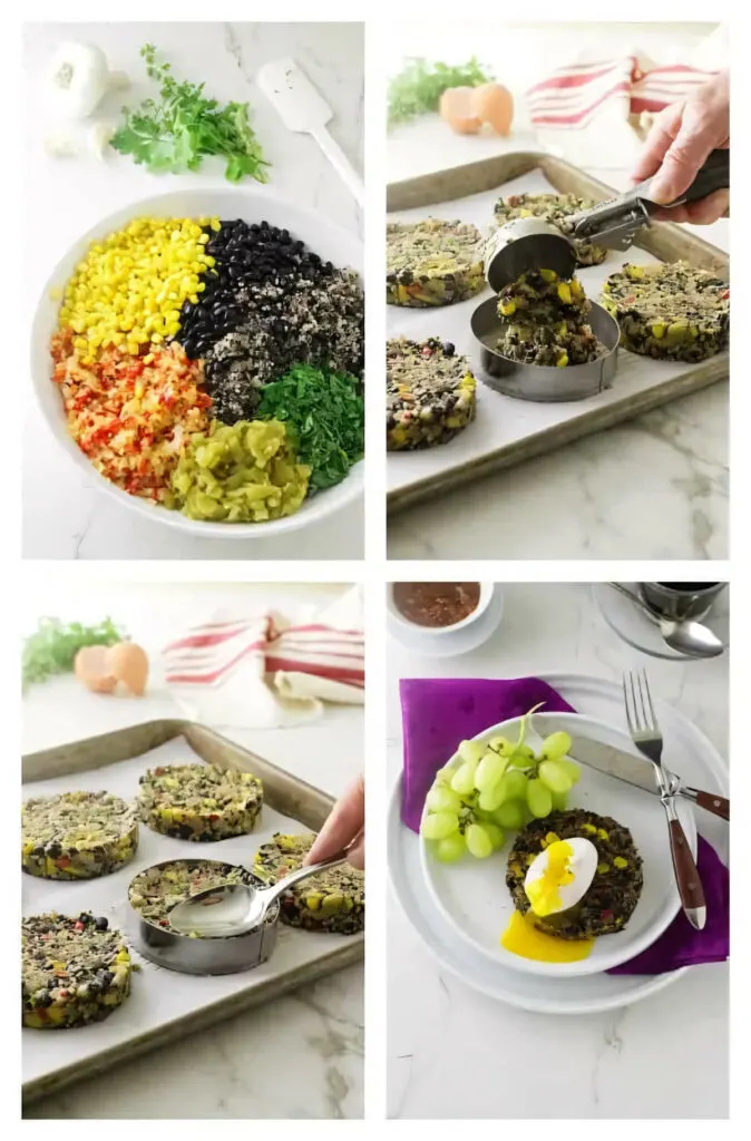 A collage of four photos showing how to make veggie burgers with black beans and quinoa.