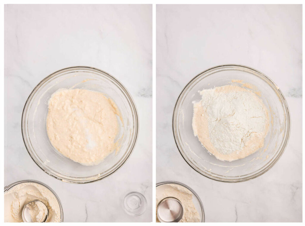 Combining sourdough discard with water and flour then incorporating more flour into the dough.