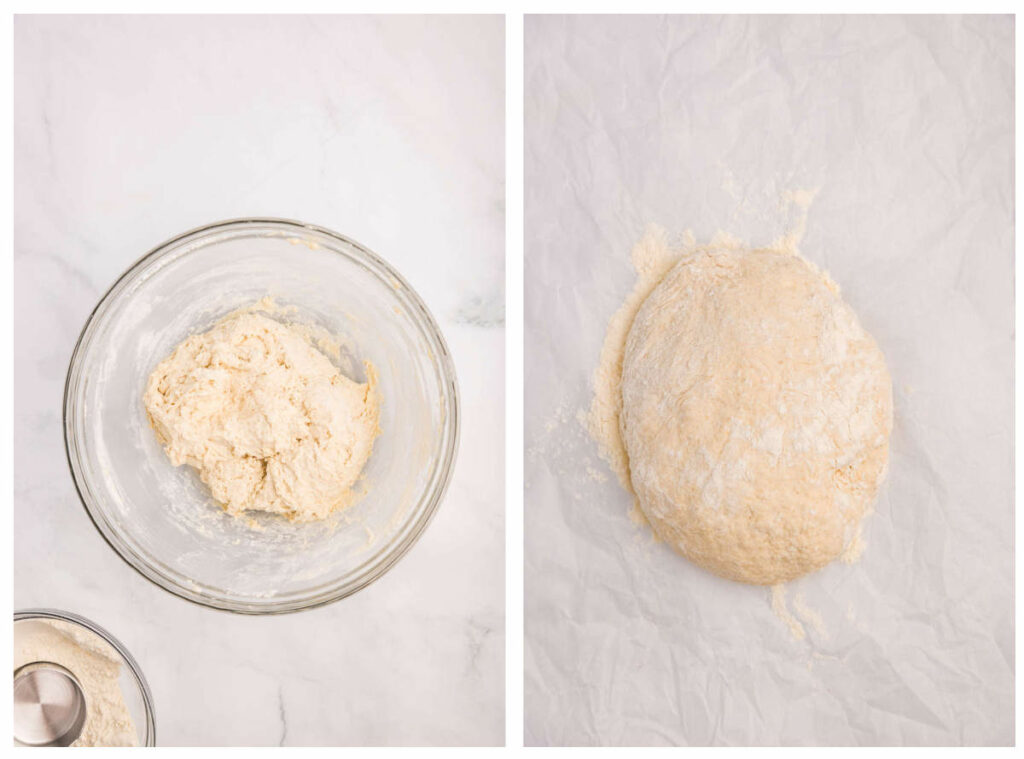 Mixing the dough in a bowl then turning it out on a counter.