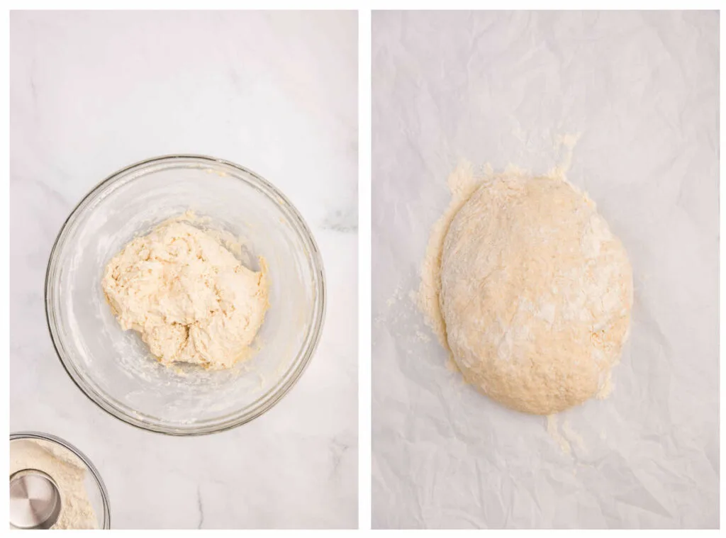 Mixing the dough in a bowl then turning it out on a counter.