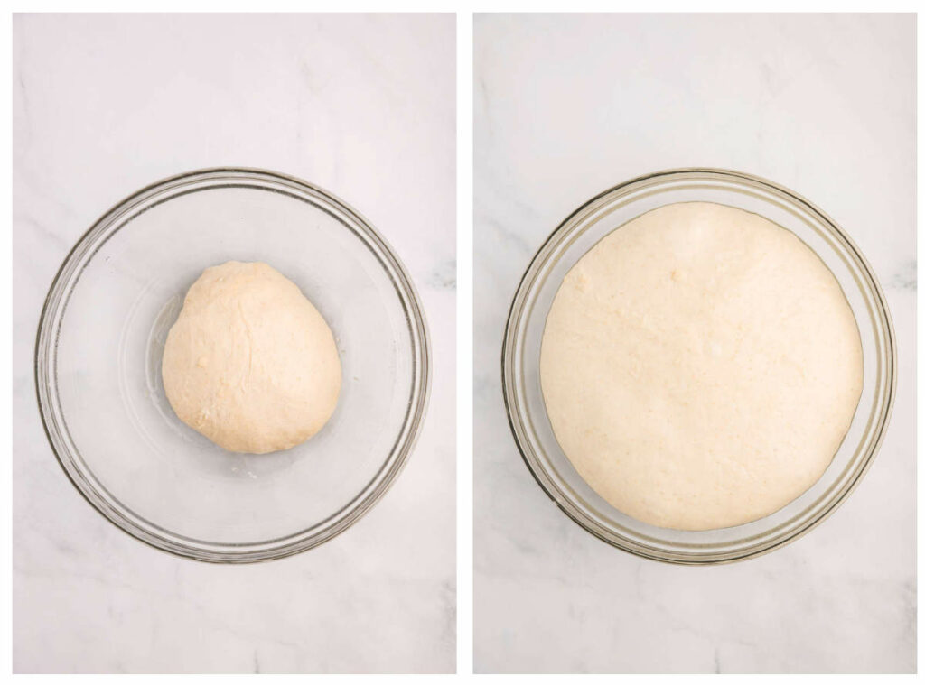 Letting the pizza dough rise in a greased bowl until doubled in size.