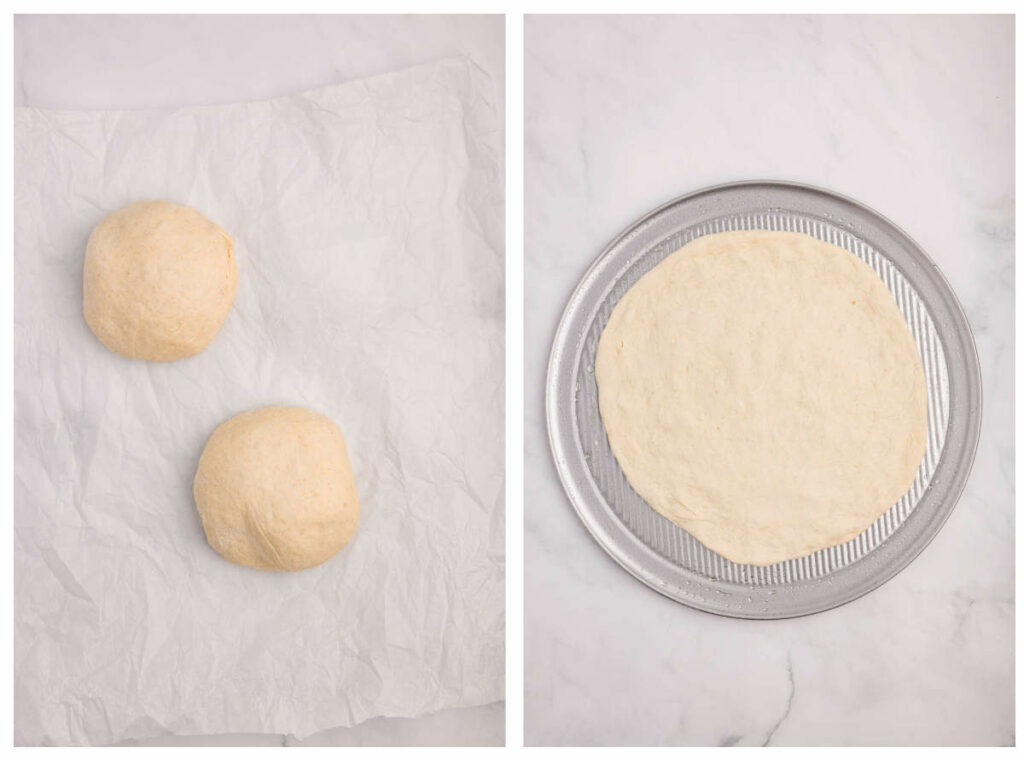 Dividing the pizza dough into two sections and forming it on a pizza pan.