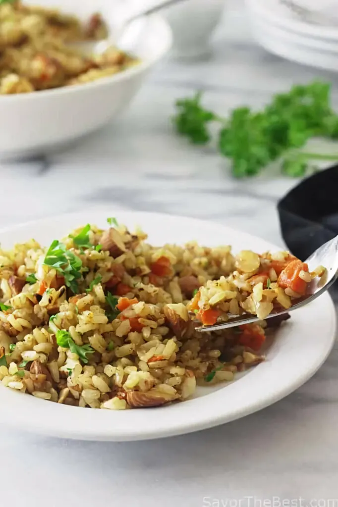 A serving bowl with germinated rice pilaf.