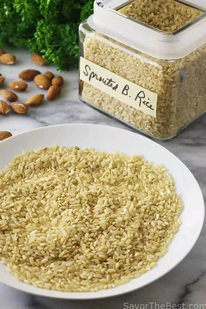 A bowl of sprouted brown rice next to almonds.