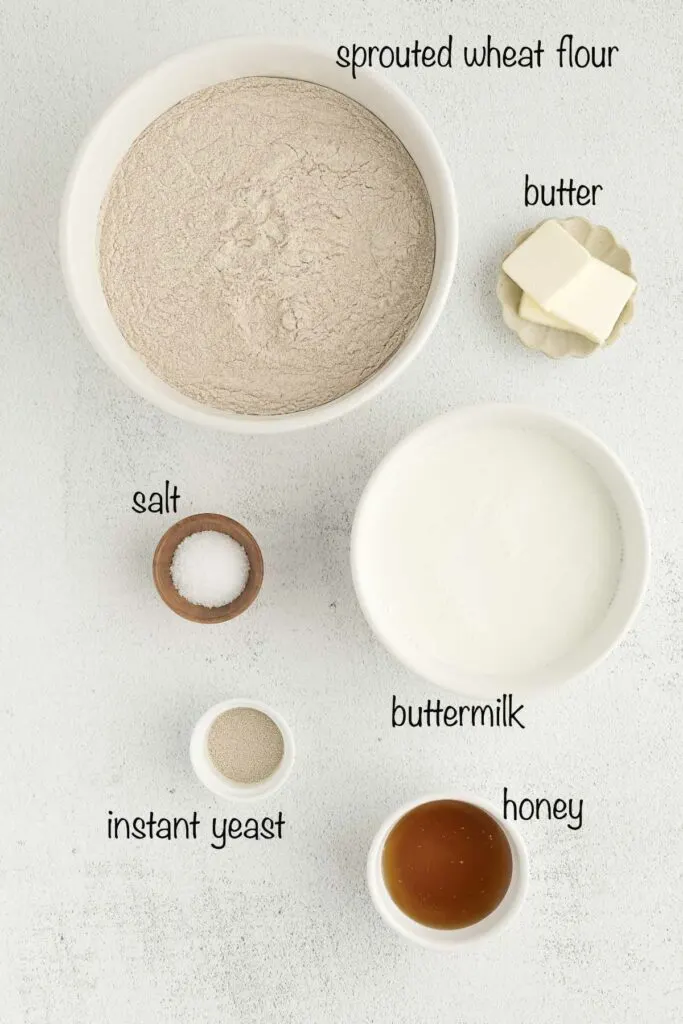 Ingredients used to make sprouted wheat bread with sprouted wheat flour.