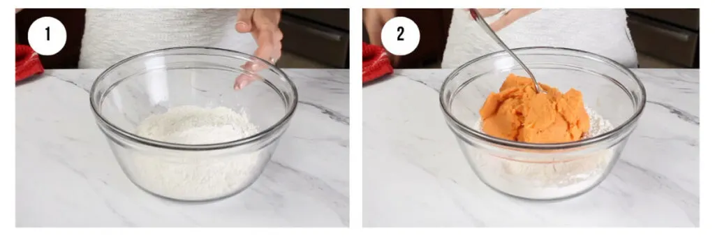 Two photos showing how to mix the flour with salt then combine it with mashed sweet potato.