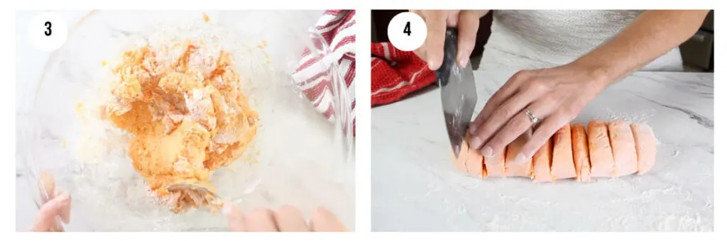 Two photos showing how to mix sweet potato with flour then divide the roti dough into 10 pieces.