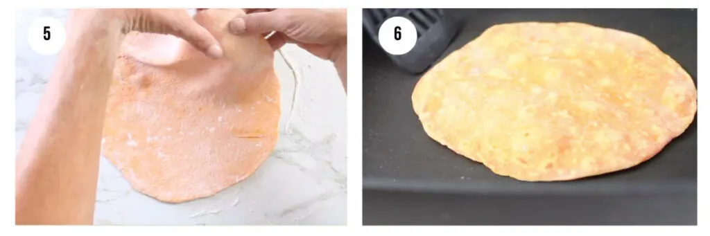 Two photos showing how to roll out roti dough then cook it on a griddle.