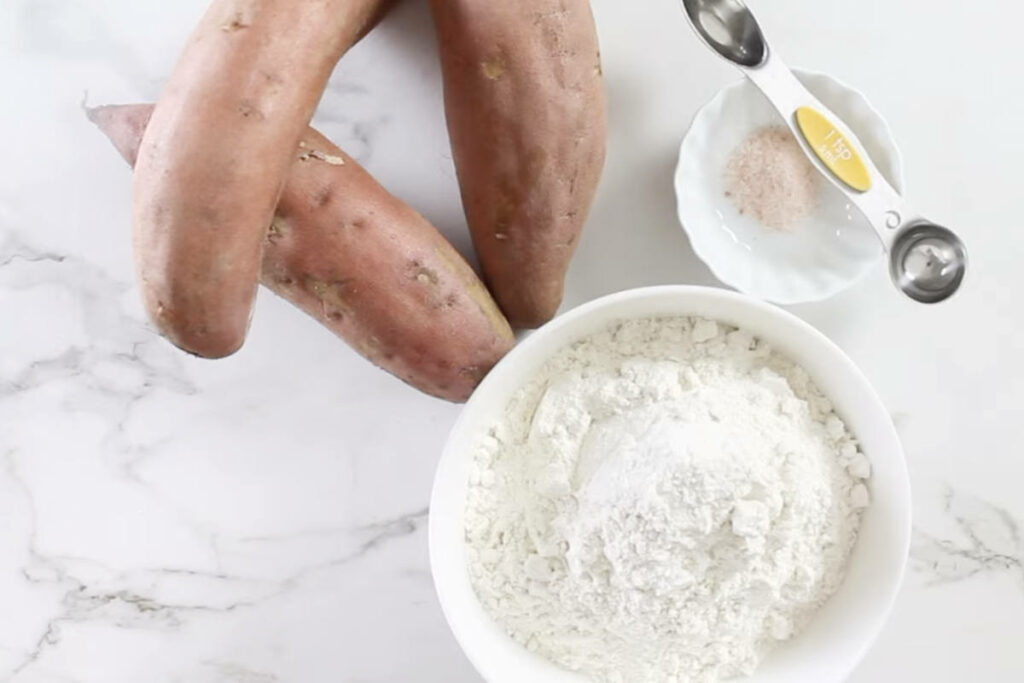 Three ingredients used to make sweet potato flatbread.