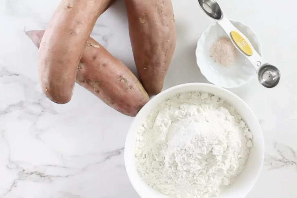 Three ingredients used to make sweet potato flatbread.