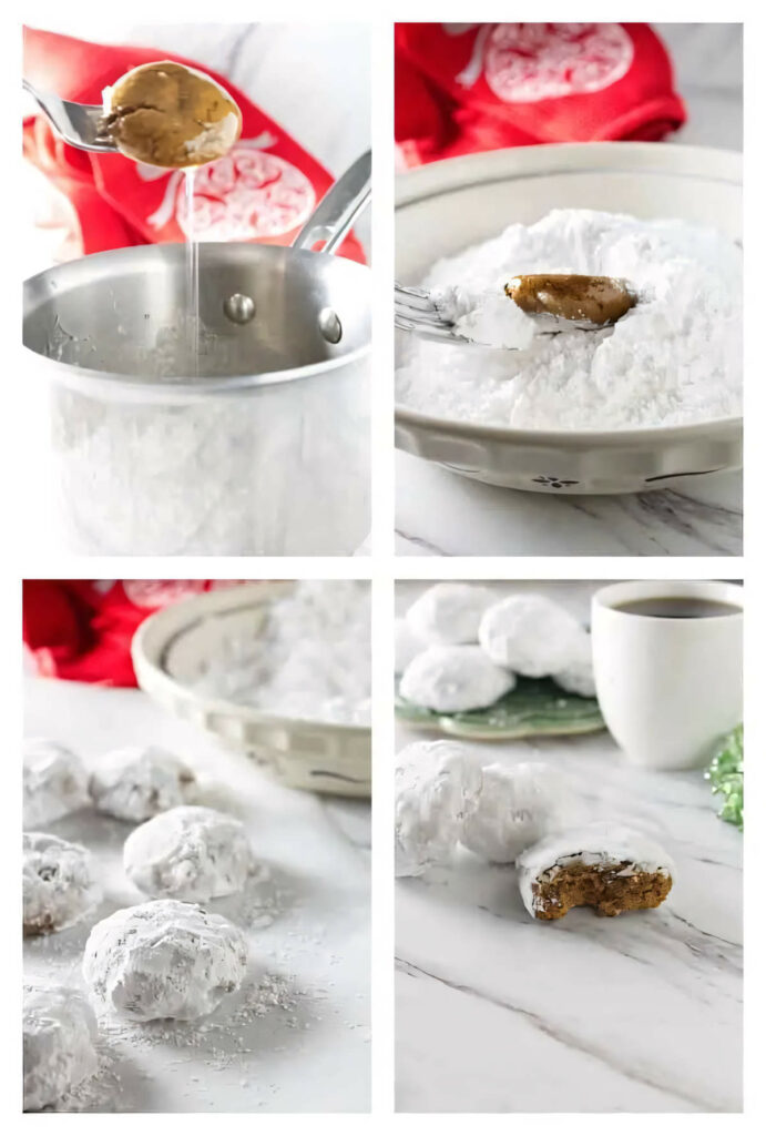 A collage of four photos showing how to make Pfeffernusse cookies.