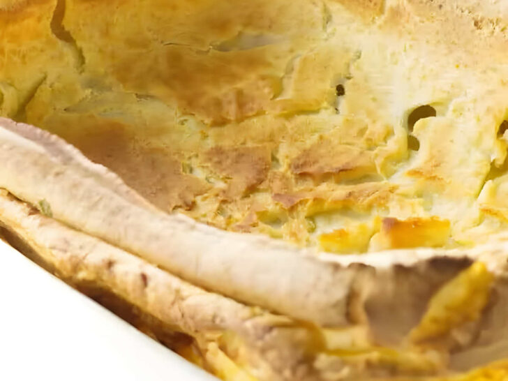 A big yorkshire pudding in a 13 x 9 inch baking dish.