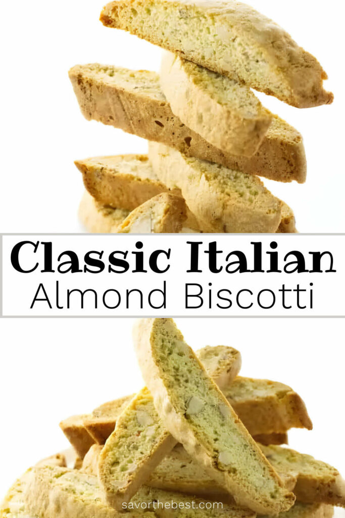 A pinterest pin with two photos of biscotti cookies and text overlay.