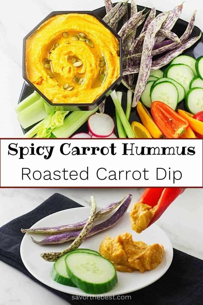 Spicy carrot hummus in a bowl surrounded by veggies.