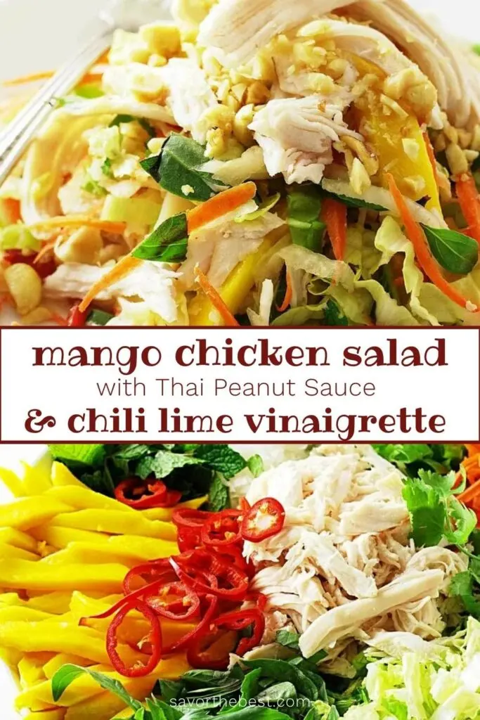 Two photos of a mango chicken salad with chili lime vinaigrette.