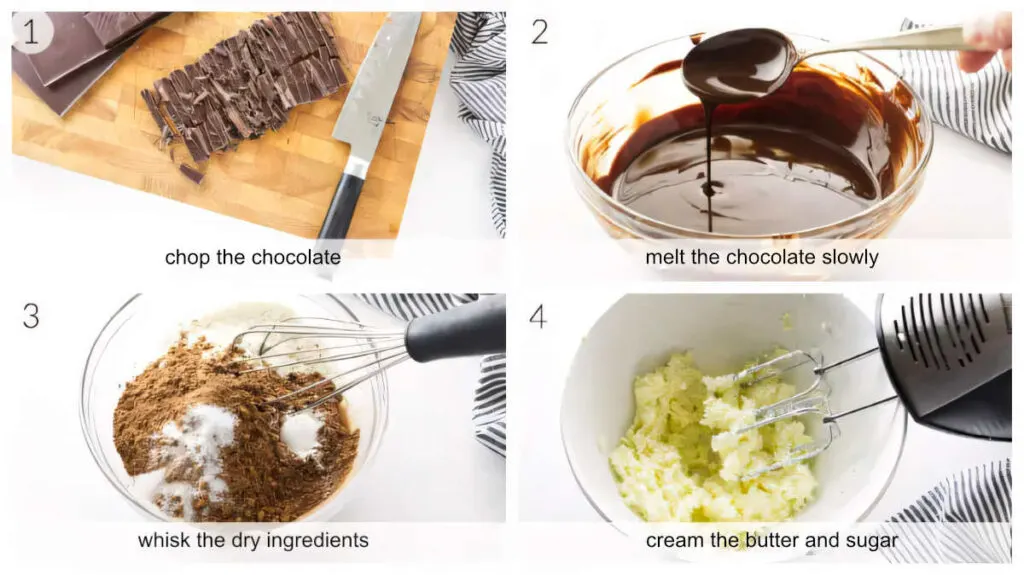 A collage of four photos showing how to melt the chocolate and make the cookie dough.