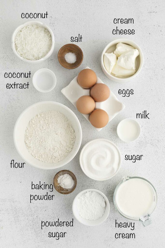 Ingredients used for making a coconut Swiss roll cake.