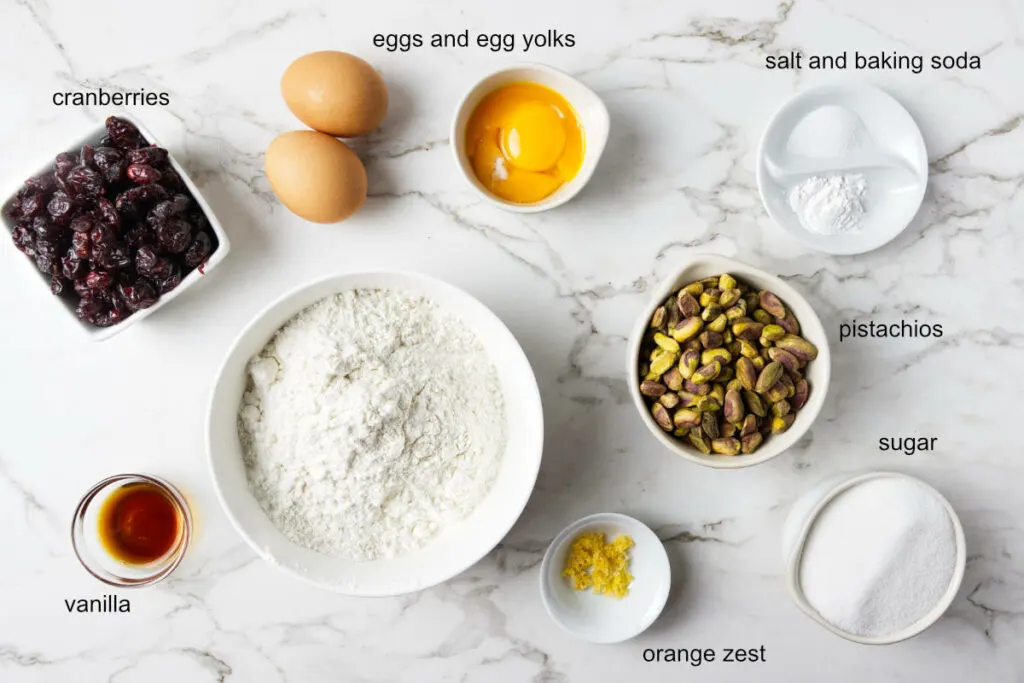 Ingredients used to make cranberry pistachio biscotti.