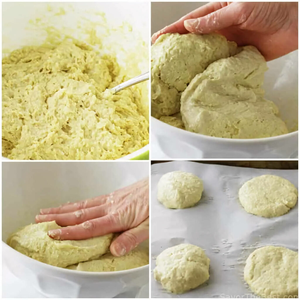 A collage of four photos showing how to make the dough for einkorn English muffins.