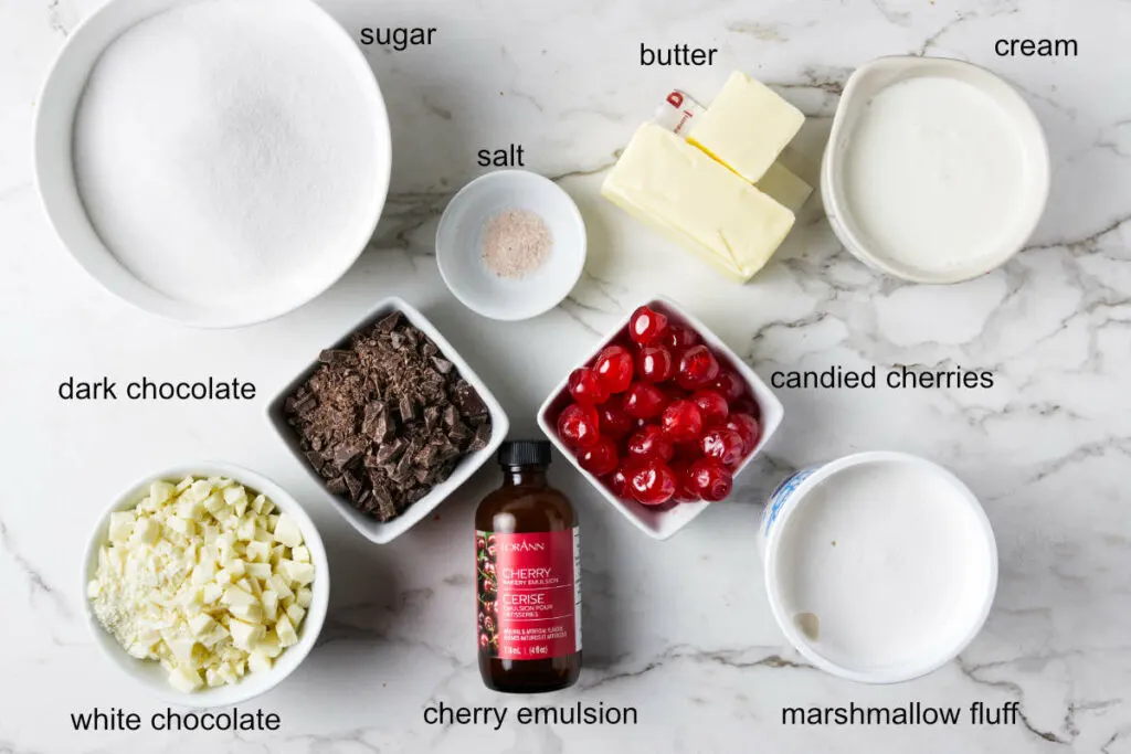 Ingredients used to make cherry Garcia fudge recipe.