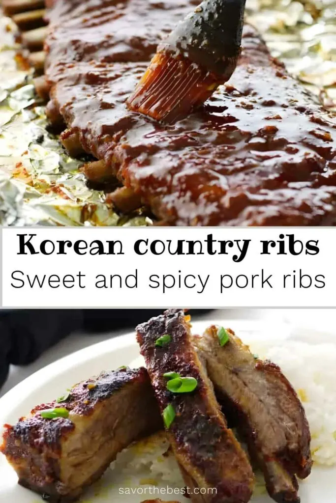 A pin with text overlay for sweet and spicy Asian bbq pork ribs.