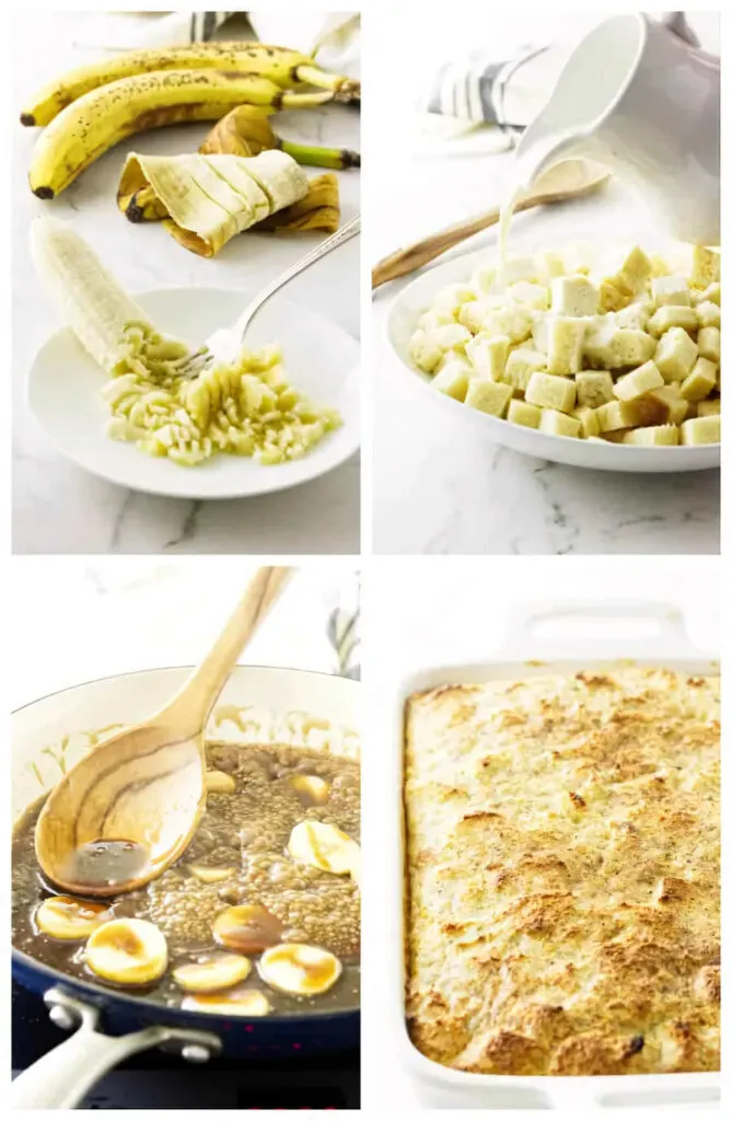 Four process photos showing how to make bananas foster bread pudding.