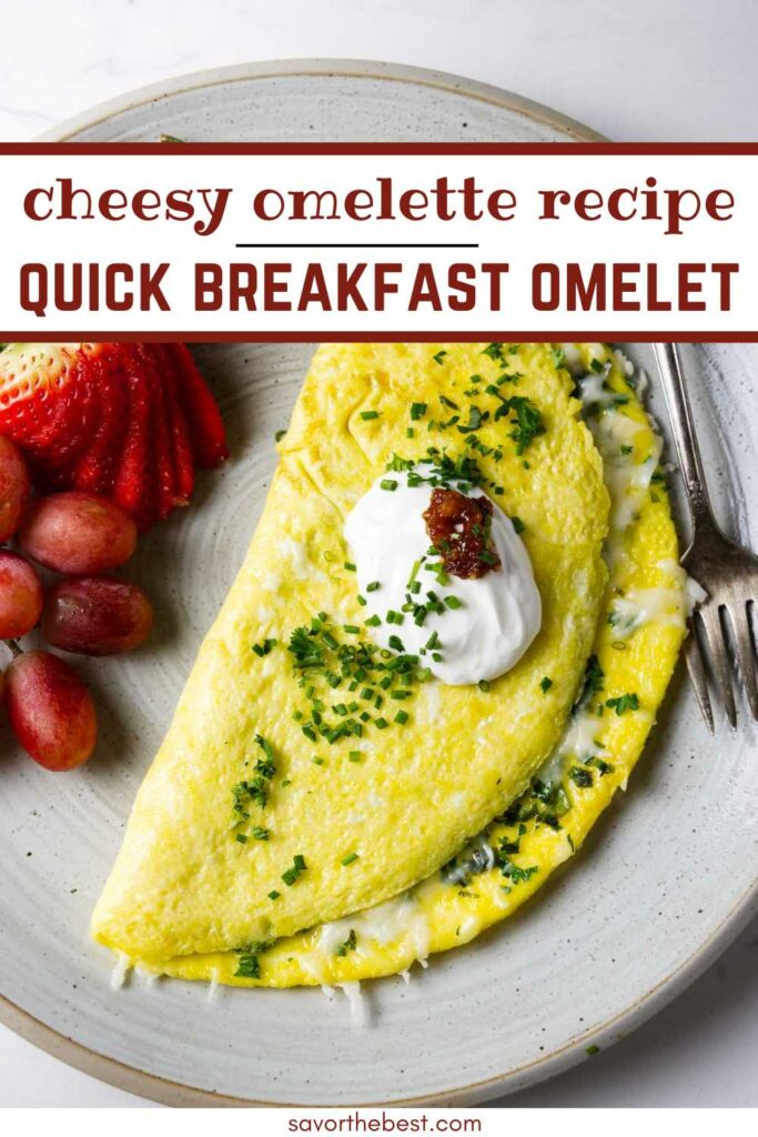 A pinterest image of a omelet with herbs and cheese.