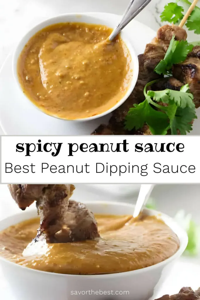 A pinterest pin for peanut dipping sauce with text overlay.