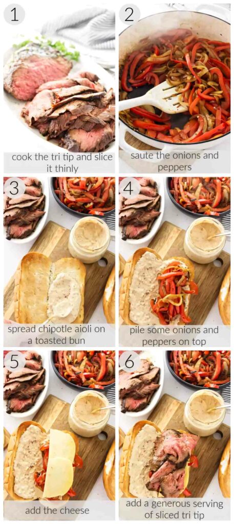 A collage of six photos showing how to make a tri tip sandwich.