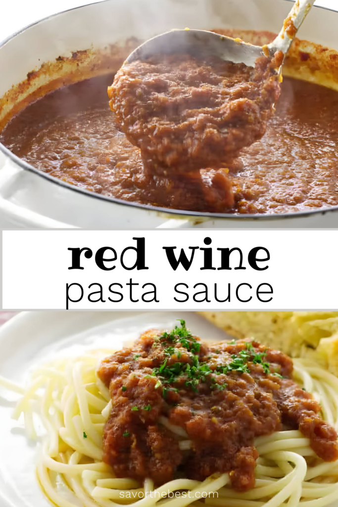 A pinterest pin for pasta sauce with two photos and text overlay.