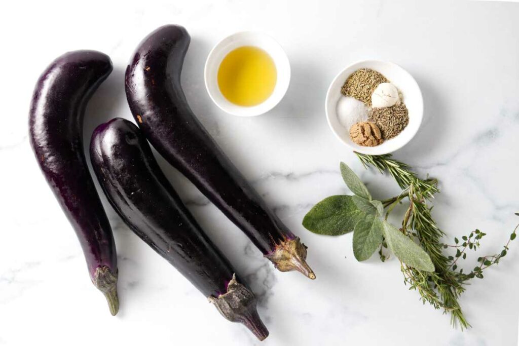 Ingredients used to make herb roasted eggplant.