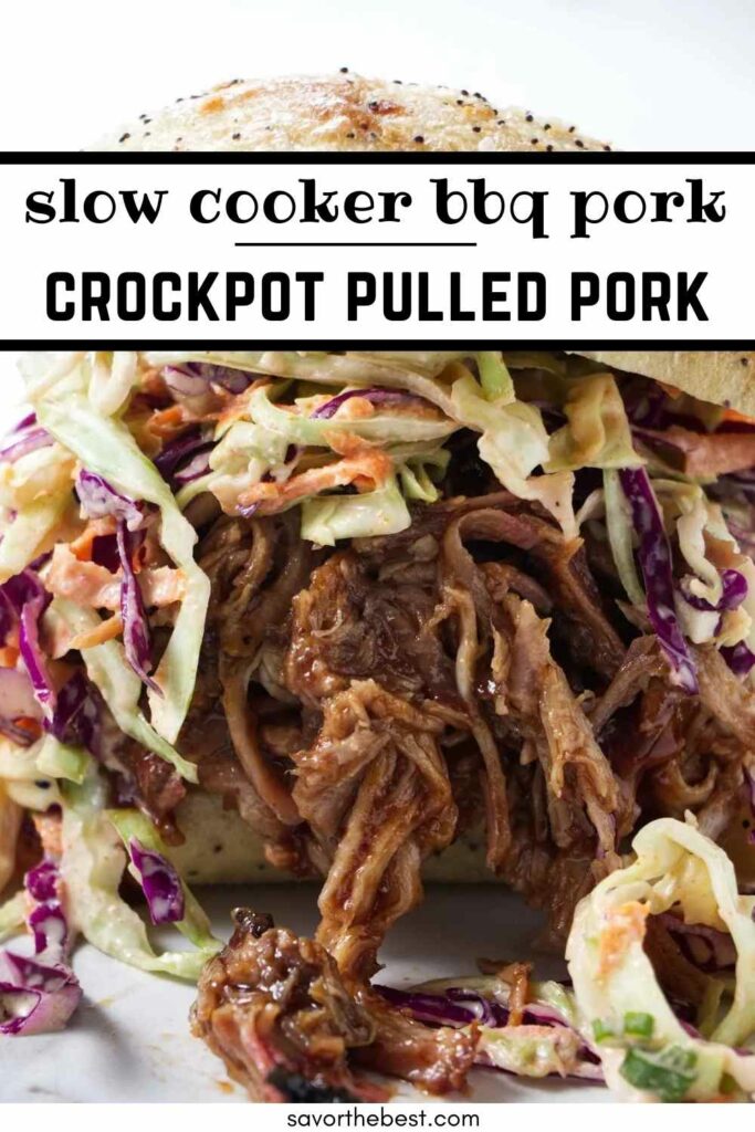 A pinterest pin with text overlay for slow cooker bbq pulled pork recipe.